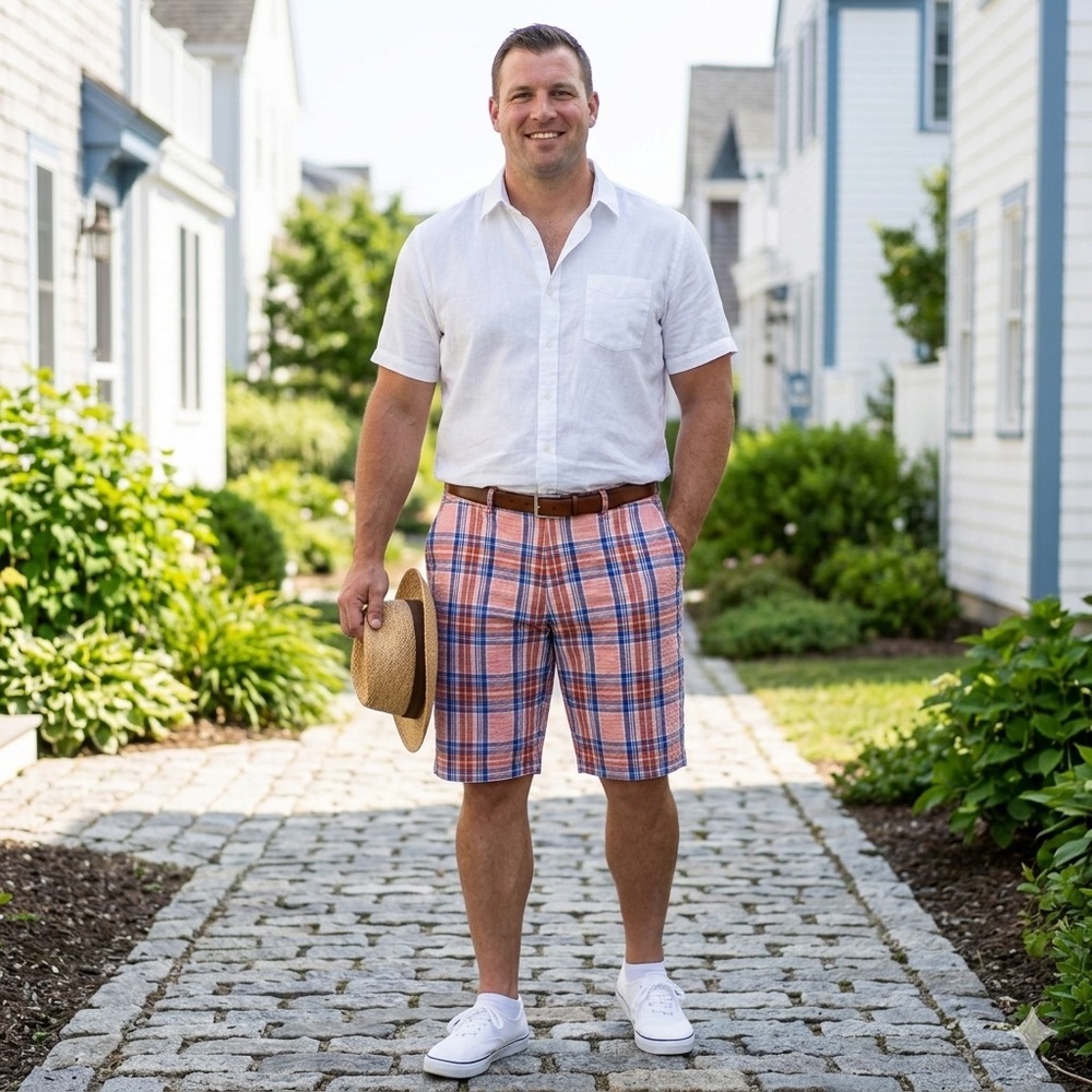 Linea Uomo Men’s Plaid Seersucker Shorts Size 38 Coral and Blue